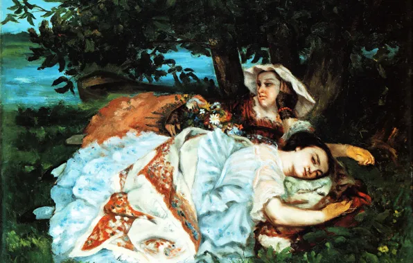 Картинка картина, жанровая, Gustave Courbet, Гюстав Курбе, Девушки на Берегу Сены