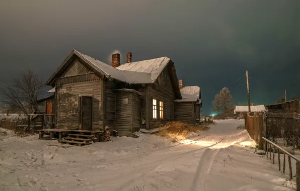 Картинка зима, снег, деревня, сумерки, сельская улица