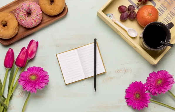 Картинка цветы, завтрак, ручка, блокнот, кефе