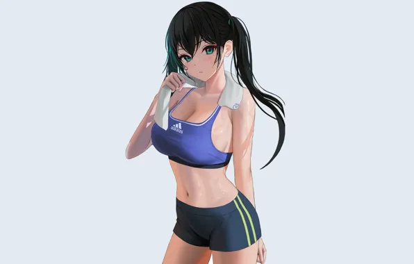Картинка girl, sexy, anime, Sports, pretty, exercise, sweat, fitness, towel, tights, sports bra, swearing