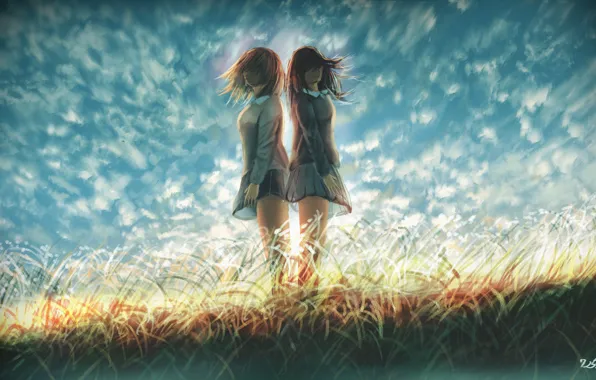 Картинка небо, трава, девушки