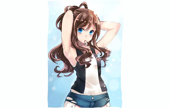 Картинка girl, sexy, shorts, blouse, long hair, anime, beautiful, pretty, brunette, pokemon, attractive, handsome, Hilda