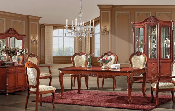 Картинка стол, мебель, стулья, интерьер, зеркало, люстра, вазы, interior, столовая