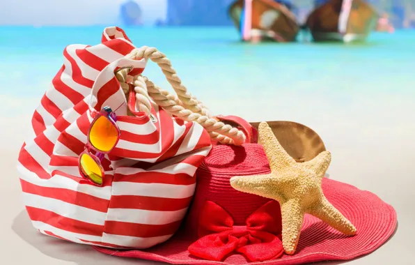 Картинка песок, море, пляж, солнце, фон, отдых, берег, отпуск, лодки, шляпа, очки, канат, морская звезда, сумка, …