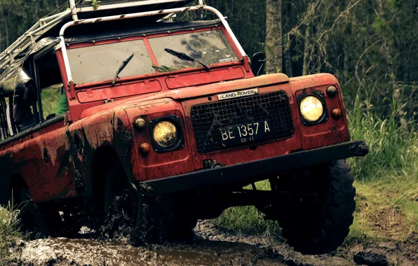Картинка Red, Land Rover, 4x4, Defender, Offroad, Mud
