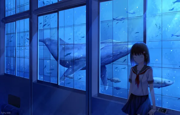 Картинка океан, рыба, окно, кит, школьница