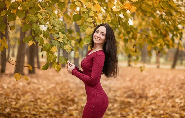 Картинка autumn, model, pretty, brunette, pose, red dress, Георгий Дьяков