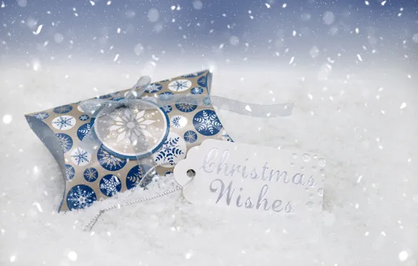 Картинка снег, коробка, подарок, Рождество, Новый год, новогодние украшения