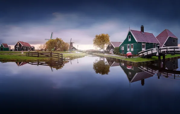 Картинка небо, вода, отражения, канал, домик, Нидерланды, мостик