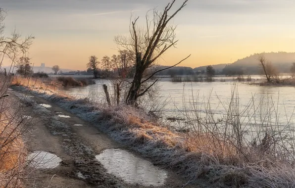 Картинка зима, дорога, река