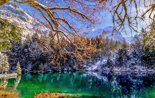 Картинка зима, снег, горы, озеро, зелёная вода