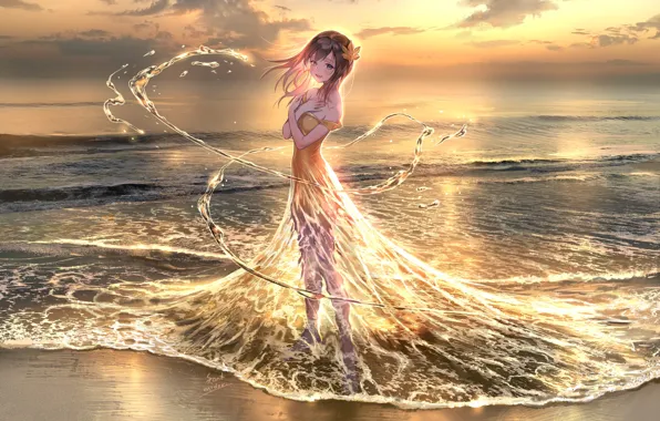 Картинка пляж, вода, девушка, закат, магия