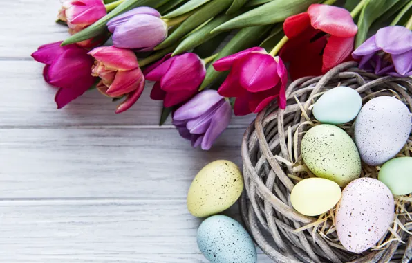 Картинка цветы, яйца, весна, colorful, Пасха, тюльпаны, happy, wood, pink, flowers, tulips, spring, Easter, purple, eggs, …