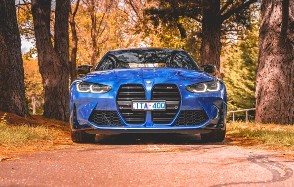 Картинка BMW, Blue, Front, BMW M3, Road, Face, Forest, Sight, G80, 2022