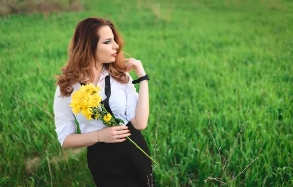 Картинка трава, девушка, цветы, поза, хризантемы, Антон Владимирович