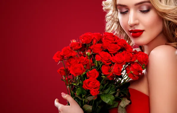 Картинка девушка, фон, розы, букет, макияж, блондинка, Mykhailo Orlov
