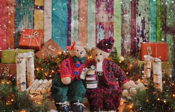Картинка праздник, игрушки, медведи, Рождество, подарки, Новый год, медвежата, мишки, коробки, новогодние украшения