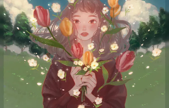 Картинка девушка, цветы, природа
