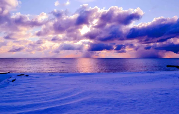 Картинка море, небо, солнце, снег