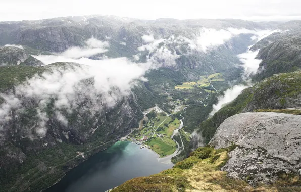 Картинка облака, горы, водоём, поселение, NORWAY