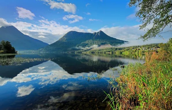 Картинка облака, горы, природа, отражение, рассвет, красота, Норвегия, простор, Autumn, Mountains, Norway, Lake, Reflection
