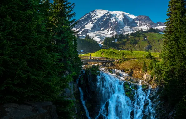 Картинка лес, горы, мост, водопад, долина, каскад, Национальный парк Маунт-Рейнир, Mount Rainier, Каскадные горы, Washington State, …