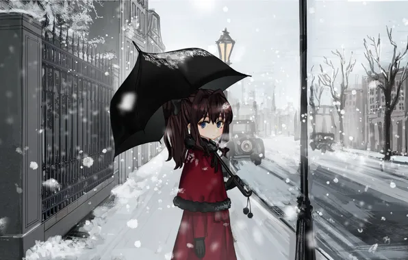 Картинка зима, снег, город, зонт, девочка