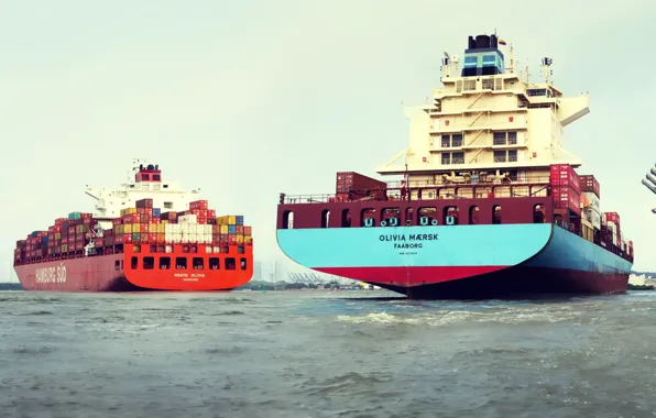 Картинка Порт, Судно, Два, Maersk, Maersk Line, Контейнеровозы, Mærsk, Hamburg Süd, Container Ship, Hamburg Süd GROUP, …