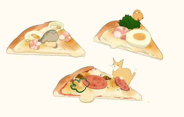 Картинка зелень, яйцо, тюлень, киска, кусочки, птичка, вкуснятина, пицца, креветки, салями, by drawing chisanne