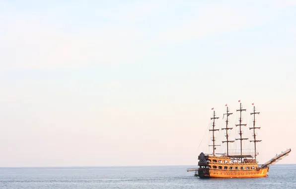 Картинка море, корабль, парусник, утро, штиль, Turkey, мачты, Alanya