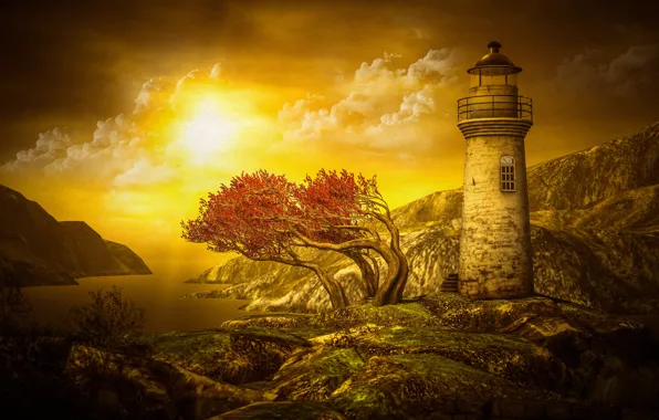 Картинка море, осень, небо, солнце, облака, свет, пейзаж, закат, горы, ветки, природа, камни, рендеринг, дерево, скалы, …