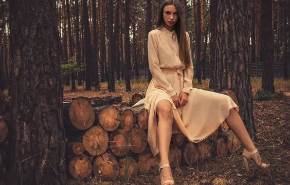 Картинка Alina, forest, trees, nature, fence, woods, peach, outside, sexy woman, countryside, posing, heels, beautiful face, …