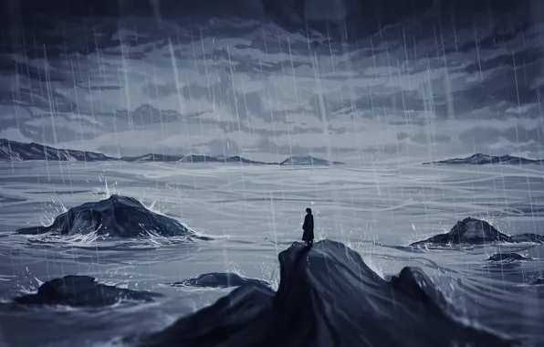 Картинка море, шторм, скала, дождь, мужчина