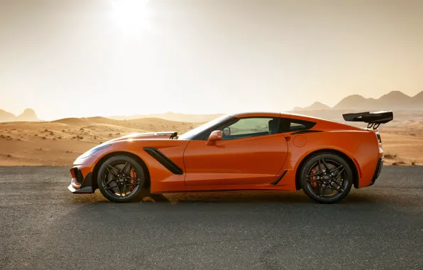 Картинка оранжевый, Corvette, Chevrolet, ZR1, вид сбоку, 2019