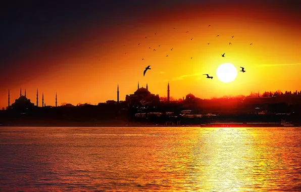 Картинка закат, пролив, силуэт, мечеть, Стамбул, Турция, Босфор