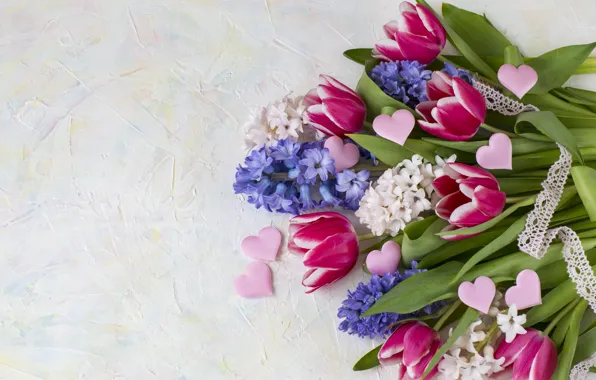 Картинка цветы, букет, сердечки, тюльпаны, love, pink, flowers, hearts, tulips, spring, гиацинты, hyacinth