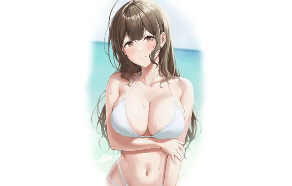 Картинка girl, hot, sexy, sea, ocean, Beach, boobs, anime, pretty, blonde, breasts, bikini, oppai, white bikini