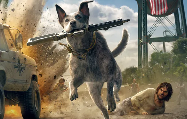 Картинка взрыв, собака, 2018, Ubisoft Montreal, Far Cry 5