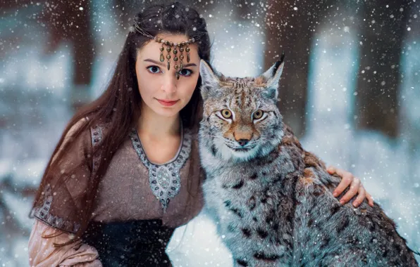 Картинка взгляд, девушка, снег, лицо, рысь, друзья, дикая кошка, длинные волосы, Александра Савенкова