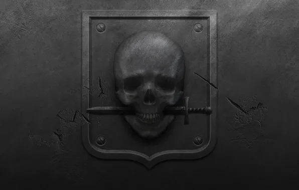 Картинка металл, трещины, череп, черный фон, герб