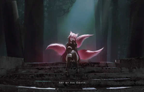 Картинка девушка, деревья, туман, ступени, лисица, Aoi Ogata