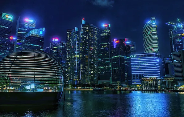 Картинка здания, залив, Сингапур, ночной город, небоскрёбы, Singapore, Marina Bay, Марина-Бэй