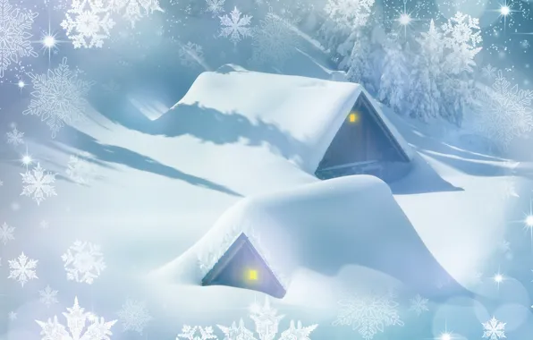 Картинка зима, лес, свет, снег, снежинки, дом, рендеринг, настроение, праздник, в снегу, рисунок, графика, дома, красота, …