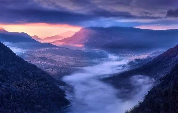 Картинка горы, туман, рассвет, утро, долина, панорама, Испания, Spain, Navarra, Наварра, Amescoa Valley, Бакедано, Долина Амескоа, …