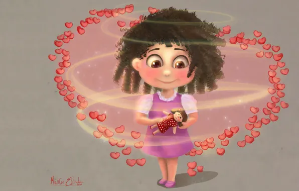 Картинка кукла, арт, девочка, сердечки, детская, Marcos Ebrahim, окружена любовью, Children Illustration/Concept