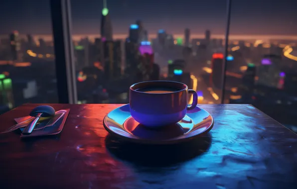 Картинка небоскребы, ночной город, столик, skyscrapers, чашка кофе, a table, AI art, Искусство ИИ, a night …