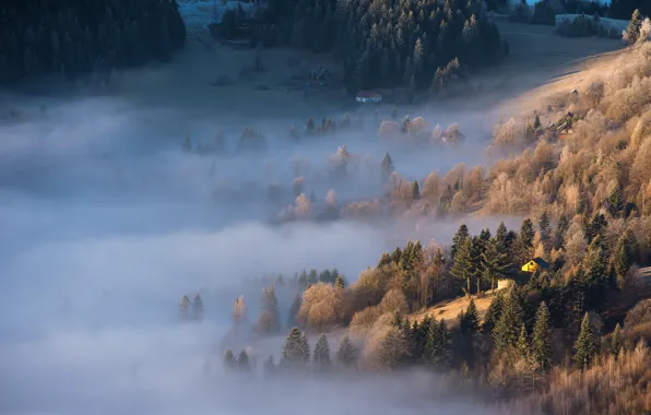 Картинка осень, пейзаж, горы, природа, туман, дома, утро, леса, Бескиды