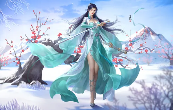 Картинка зима, девушка, снег, цветы, горы, дерево, меч, fan xiu