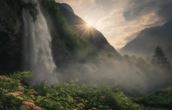 Картинка солнце, лучи, пейзаж, горы, природа, растительность, водопад