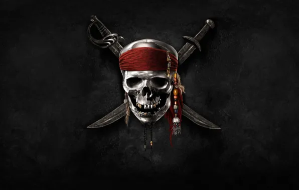Картинка skull, black, background, pirates of the caribbean, bandana, sabre